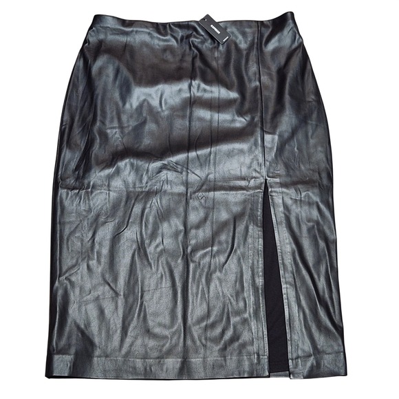 Express Dresses & Skirts - EXPRESS Faux Leather Midi Skirt with Front Slit Black Size XL Edgy Chic Pencil